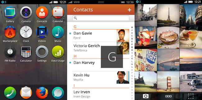 Mozilla OS icons, contacts and gallery