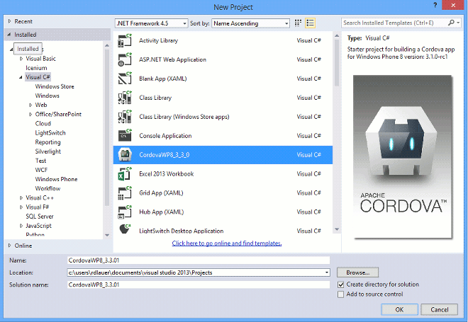 new visual studio project